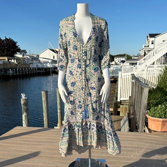 Blue and White Ruffled Midi Sundress with Plunge Neckline - Picture 6 of 16